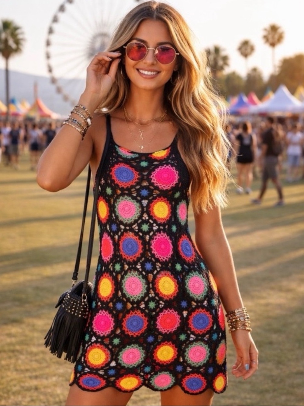 H&M x Coachella crochet knit colorful Boho 100% Cotton Mini dress Sz 2